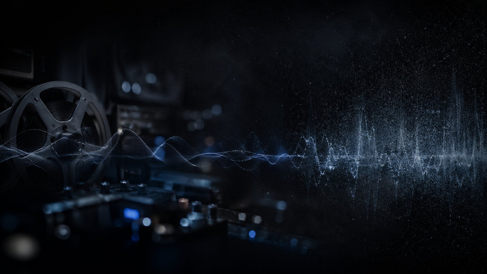 Film projector with blue light and audio waveform visualization on dark background