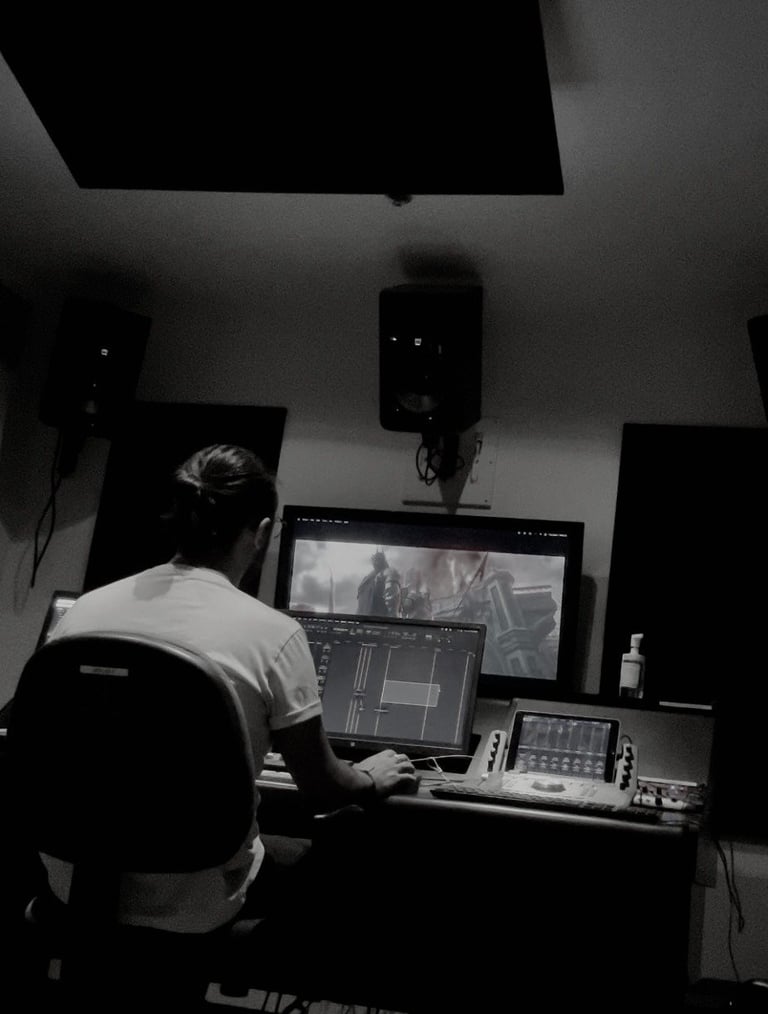 Person working at a video editing desk with multiple monitors and equipment in a black and white photo